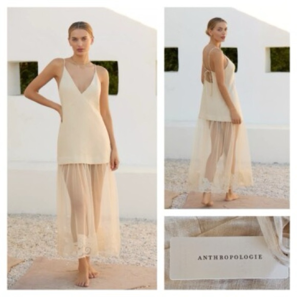 Anthropologie Sleeveless Sheer Linen Maxi Slip Dress Cream Medium